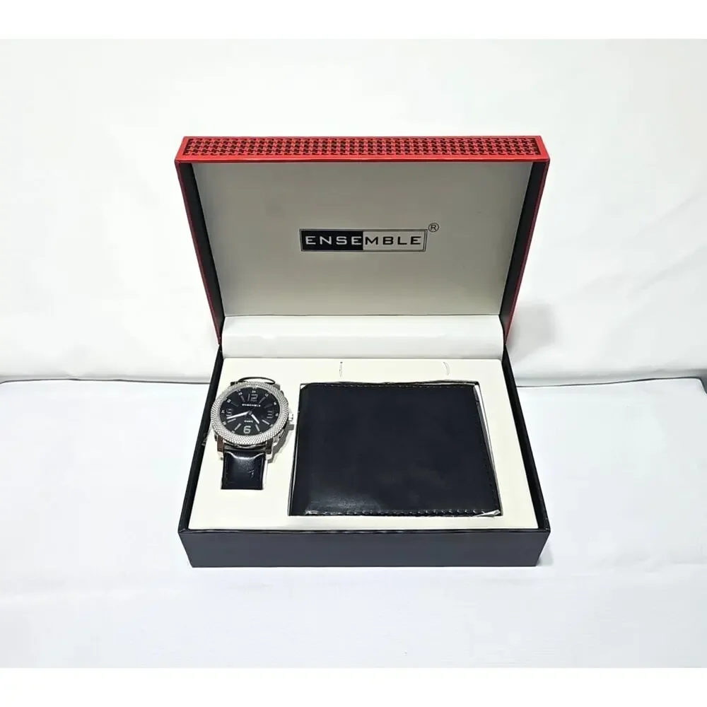 Ensemble Mens Wrist Watch & Leather Wallet Set Quartz Watch Black Leather Band